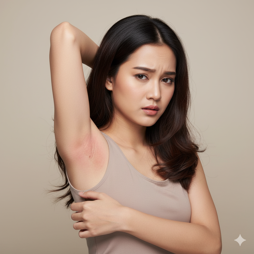 Model ekspresi sakit dengan kulit iritasi